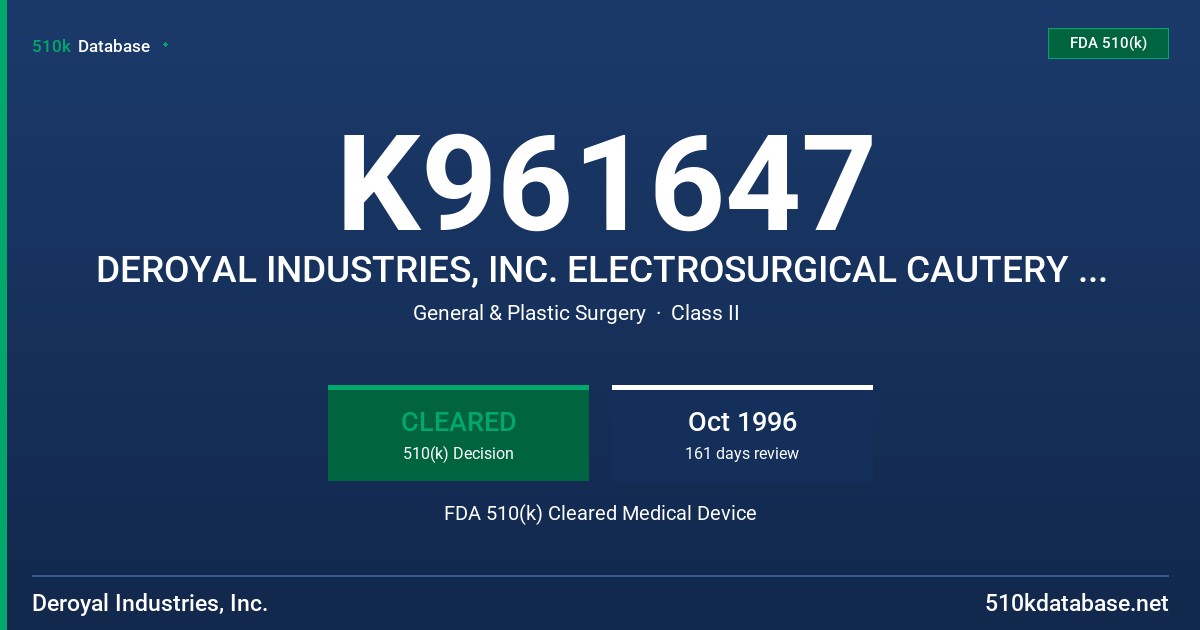 K961647 DEROYAL INDUSTRIES, INC. ELECTROSURGICAL CAUTERY PENCIL FDA 510(k) Cleared Medical Device