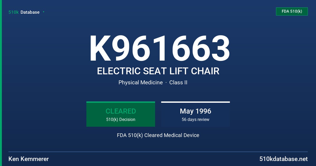 K961663 ELECTRIC SEAT LIFT CHAIR FDA 510(k) Cleared Medical Device
