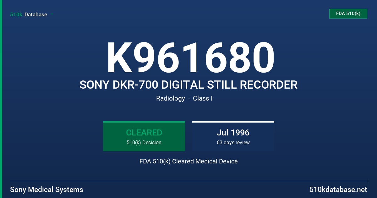 K961680 SONY DKR-700 DIGITAL STILL RECORDER FDA 510(k) Cleared Medical Device