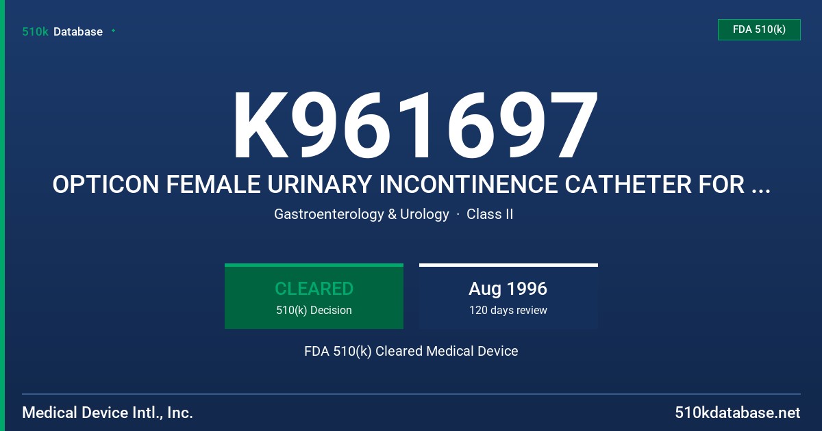 K961697 OPTICON FEMALE URINARY INCONTINENCE CATHETER FOR CONTINUOUS DRAINAGE FDA 510(k) Cleared Medical Device