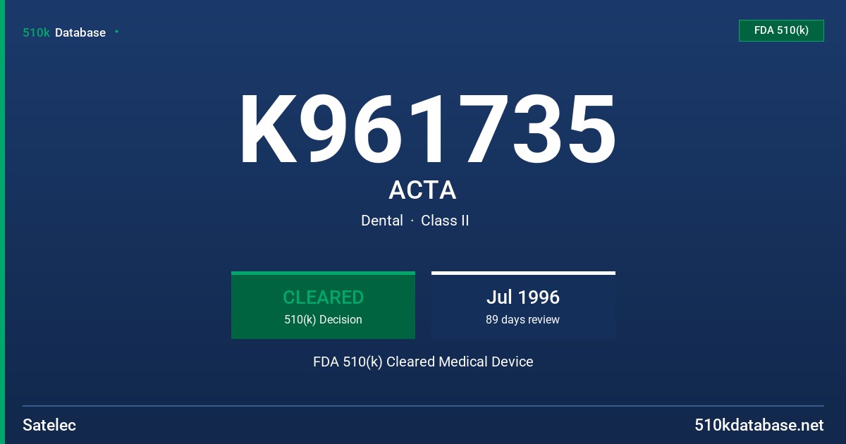 K961735 ACTA FDA 510(k) Cleared Medical Device