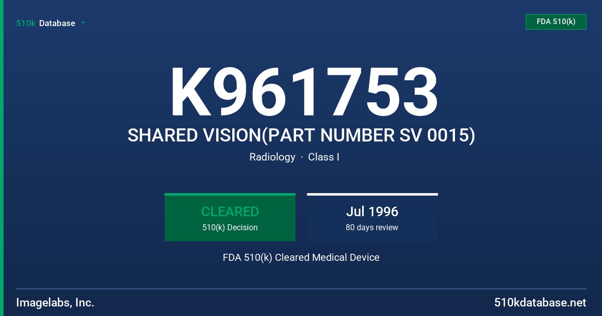 K961753 SHARED VISION(PART NUMBER SV 0015) FDA 510(k) Cleared Medical Device