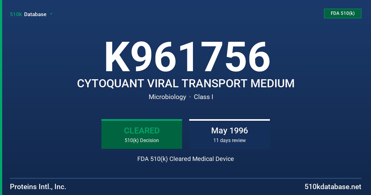 K961756 CYTOQUANT VIRAL TRANSPORT MEDIUM FDA 510(k) Cleared Medical Device