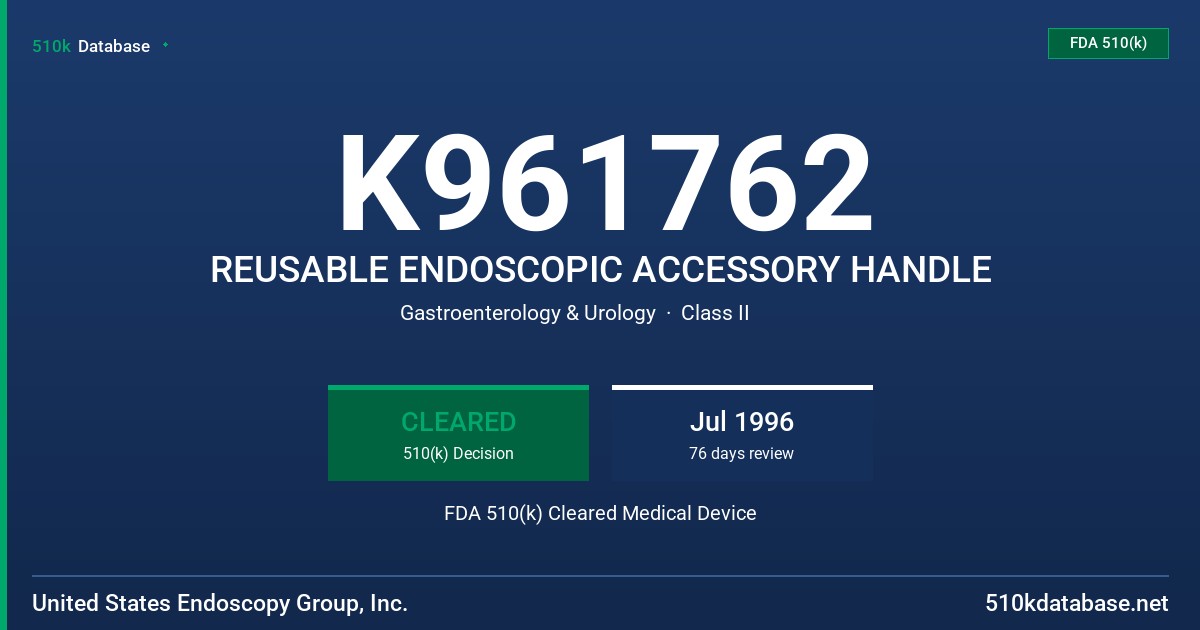 K961762 REUSABLE ENDOSCOPIC ACCESSORY HANDLE FDA 510(k) Cleared Medical Device