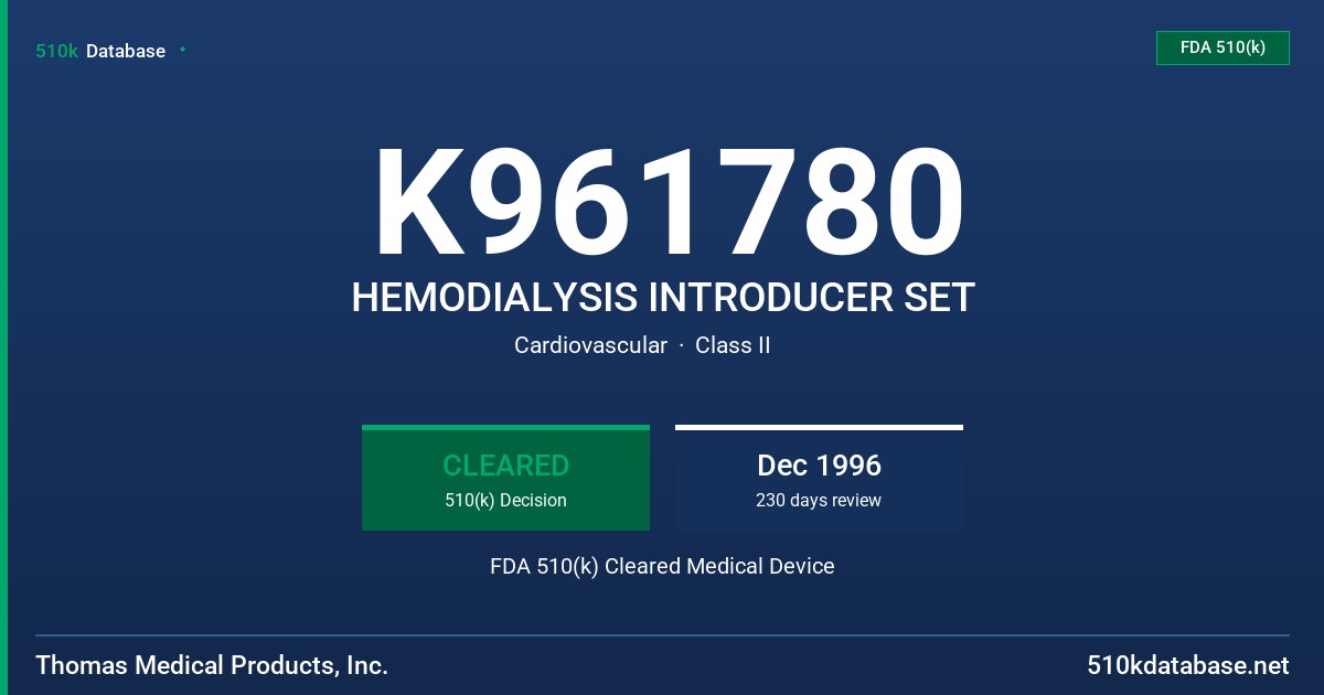 K961780 HEMODIALYSIS INTRODUCER SET FDA 510(k) Cleared Medical Device