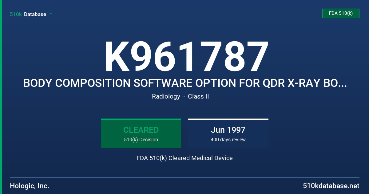 K961787 BODY COMPOSITION SOFTWARE OPTION FOR QDR X-RAY BONE DENSITOMETERS FDA 510(k) Cleared Medical Device