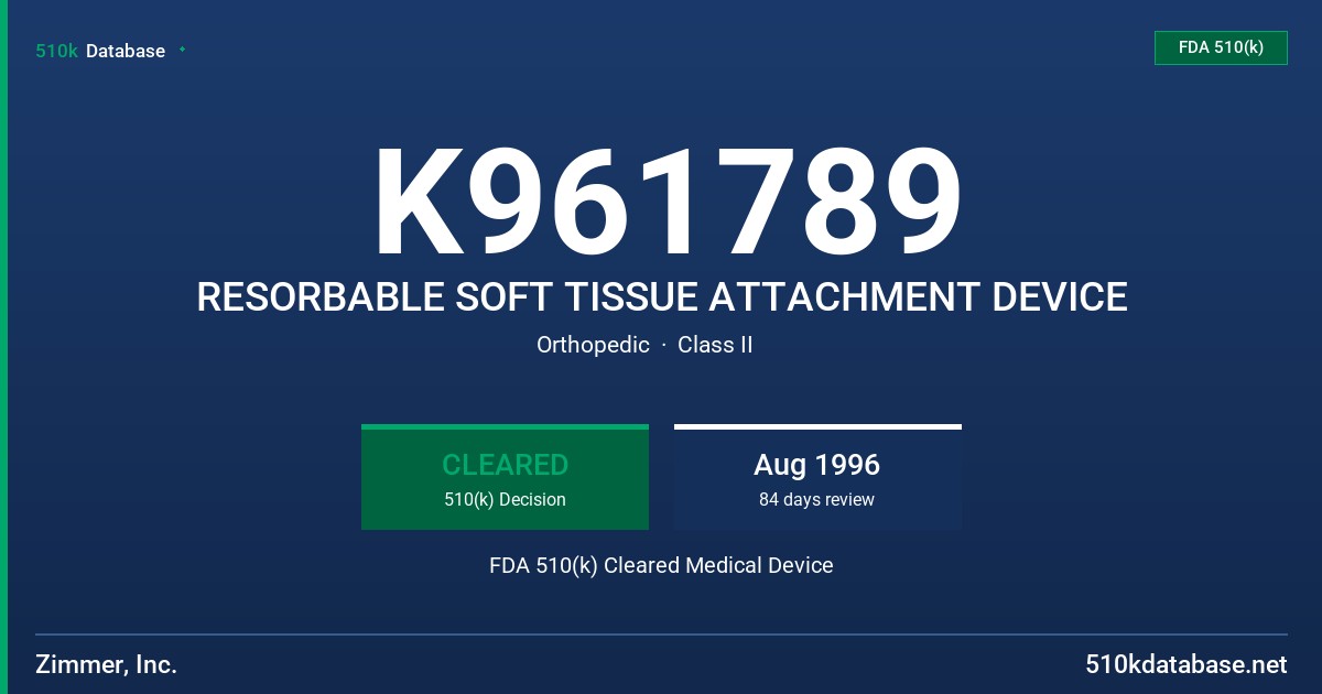 K961789 RESORBABLE SOFT TISSUE ATTACHMENT DEVICE FDA 510(k) Cleared Medical Device