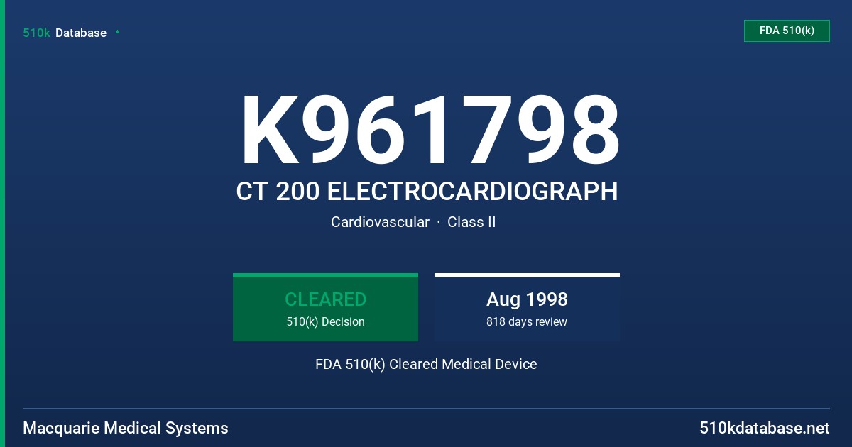 K961798 CT 200 ELECTROCARDIOGRAPH FDA 510(k) Cleared Medical Device
