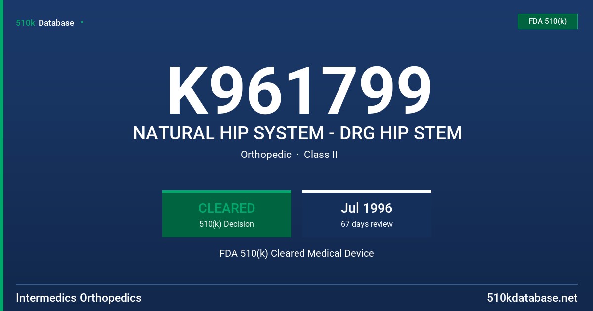 K961799 NATURAL HIP SYSTEM - DRG HIP STEM FDA 510(k) Cleared Medical Device