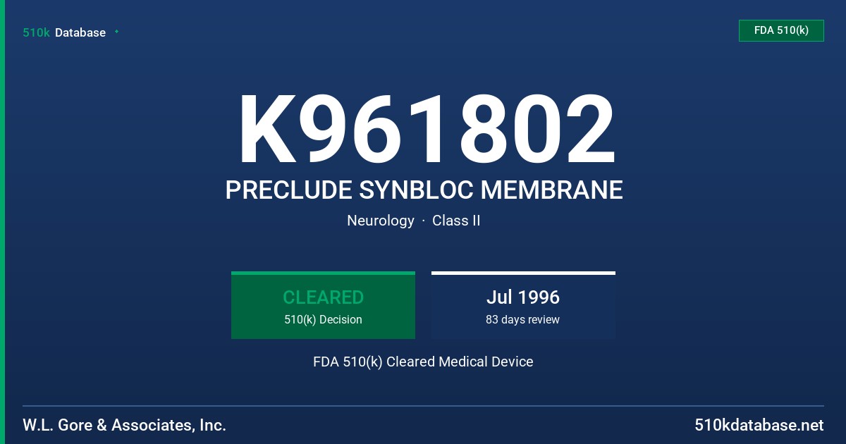 K961802 PRECLUDE SYNBLOC MEMBRANE FDA 510(k) Cleared Medical Device
