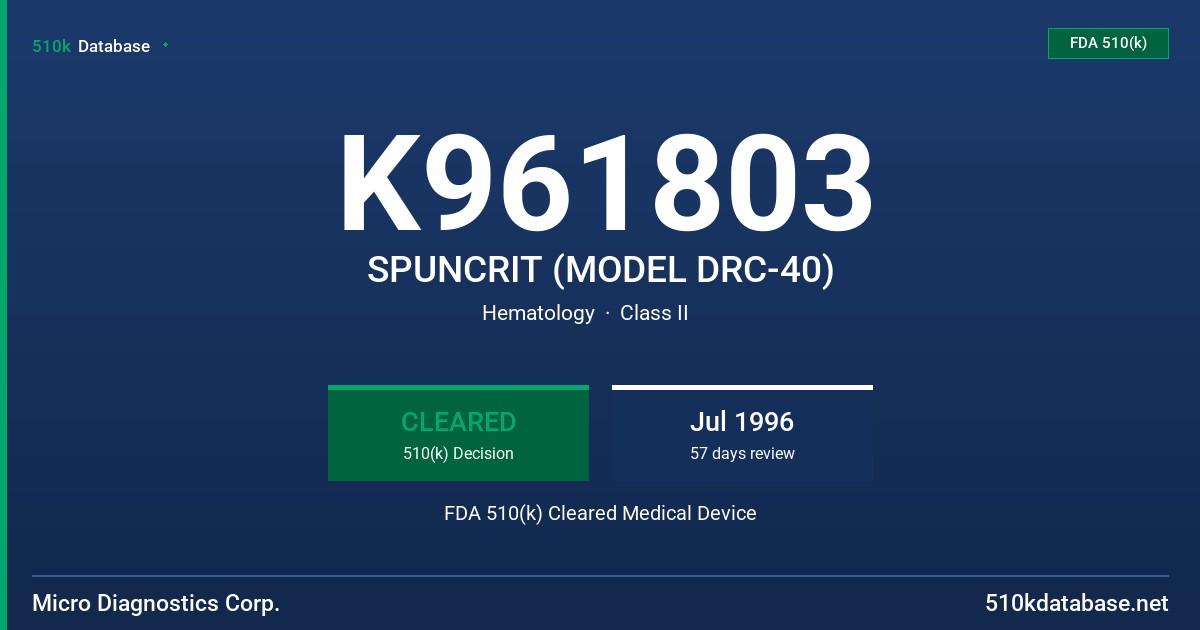 K961803 SPUNCRIT (MODEL DRC-40) FDA 510(k) Cleared Medical Device