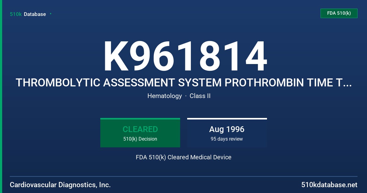 K961814 THROMBOLYTIC ASSESSMENT SYSTEM PROTHROMBIN TIME TEST CONTROLS FDA 510(k) Cleared Medical Device