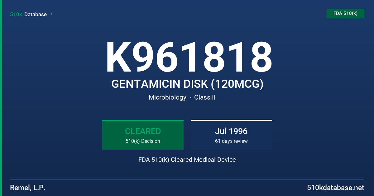 K961818 GENTAMICIN DISK (120MCG) FDA 510(k) Cleared Medical Device
