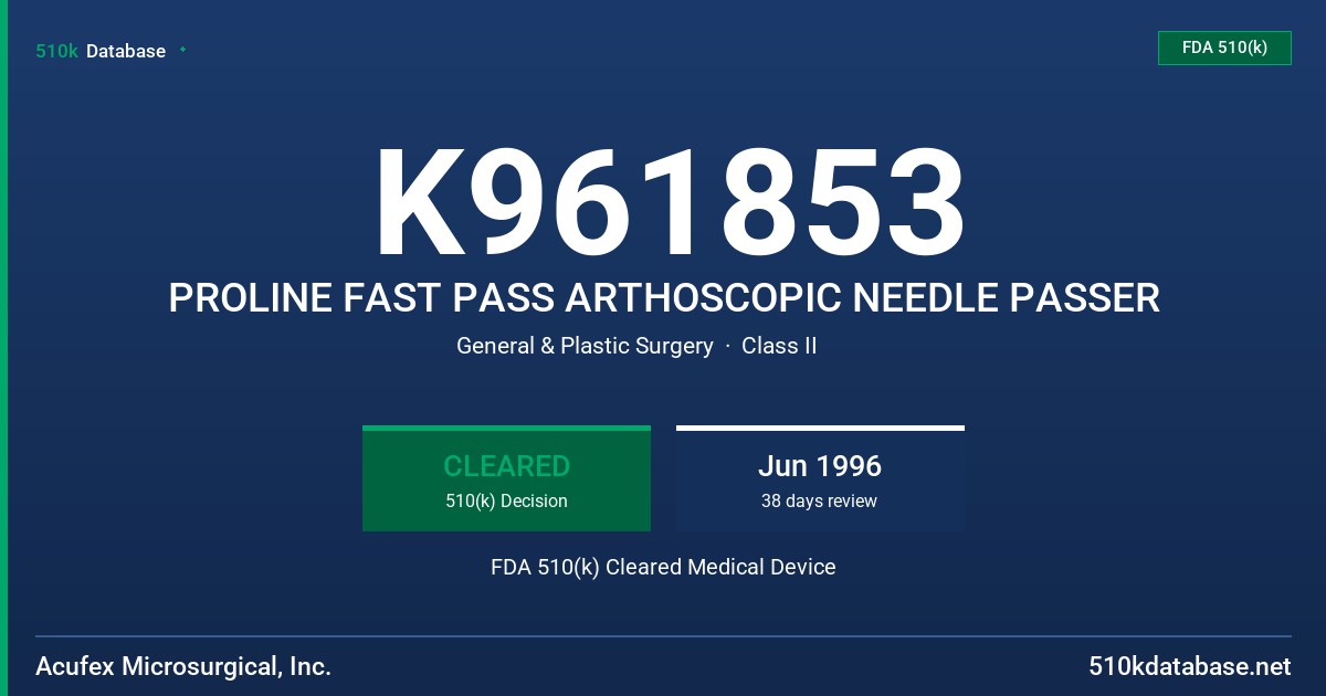 K961853 PROLINE FAST PASS ARTHOSCOPIC NEEDLE PASSER FDA 510(k) Cleared Medical Device