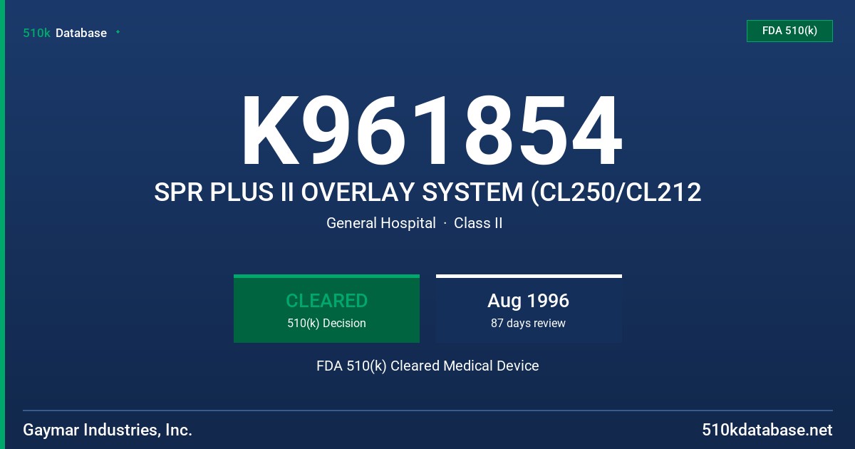 K961854 SPR PLUS II OVERLAY SYSTEM (CL250/CL212 FDA 510(k) Cleared Medical Device