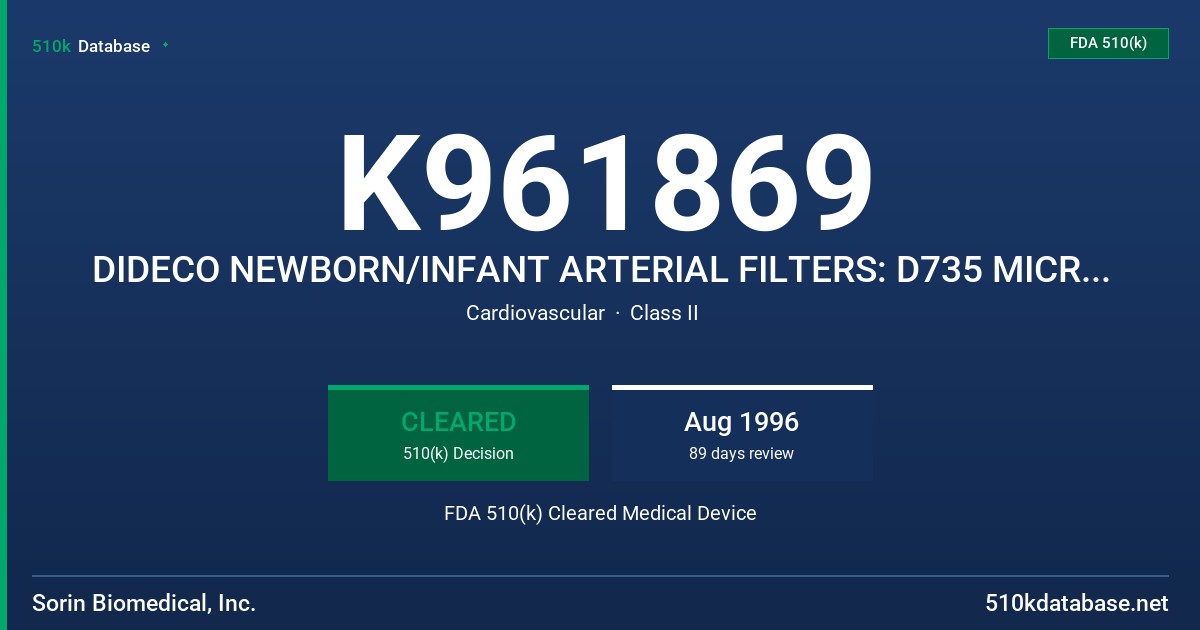 K961869 DIDECO NEWBORN/INFANT ARTERIAL FILTERS: D735 MICRO 20 AND D736 MICRO 40 FDA 510(k) Cleared Medical Device