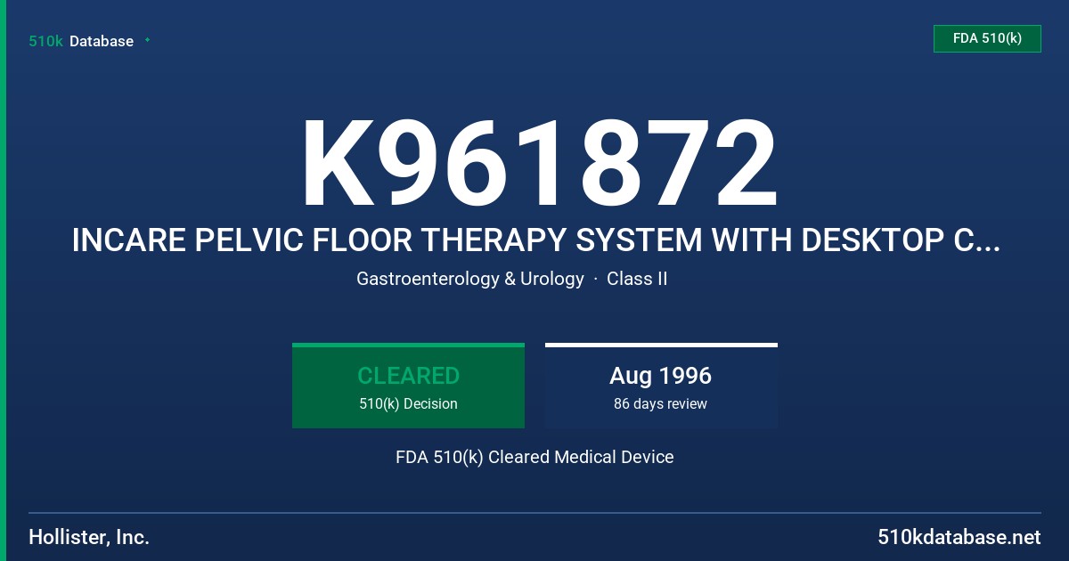 K961872 INCARE PELVIC FLOOR THERAPY SYSTEM WITH DESKTOP COMPUTER FDA 510(k) Cleared Medical Device