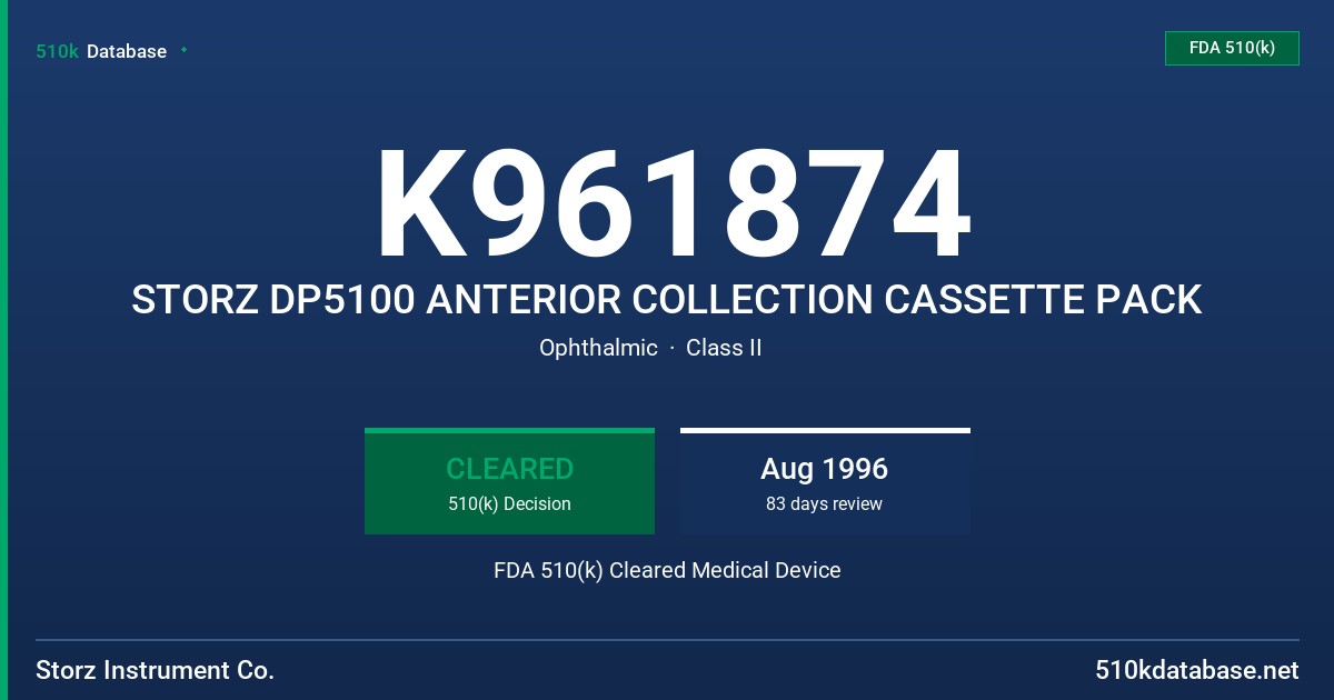 K961874 STORZ DP5100 ANTERIOR COLLECTION CASSETTE PACK FDA 510(k) Cleared Medical Device