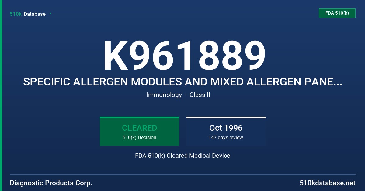 K961889 SPECIFIC ALLERGEN MODULES AND MIXED ALLERGEN PANELS FOR ALASTAT MICROPLATE AND ALASTAT EIA ALLERGEN-SPECIFIC IGE SYSTEMS FDA 510(k) Cleared Medical Device