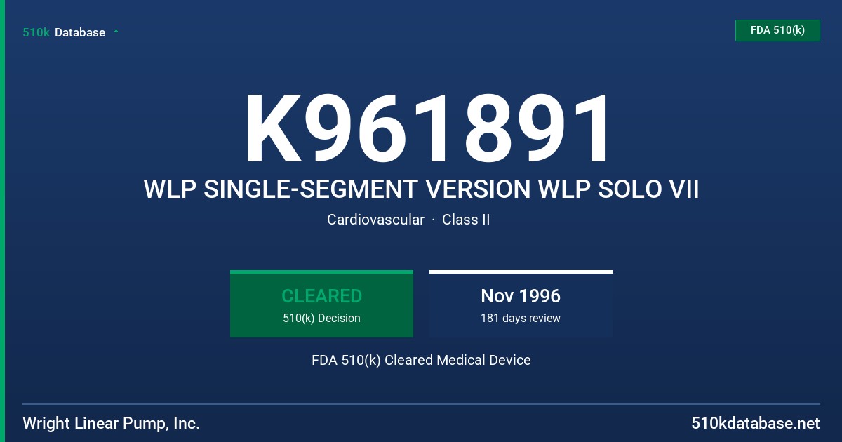 K961891 WLP SINGLE-SEGMENT VERSION WLP SOLO VII FDA 510(k) Cleared Medical Device