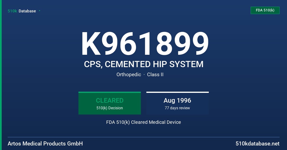 K961899 CPS, CEMENTED HIP SYSTEM FDA 510(k) Cleared Medical Device