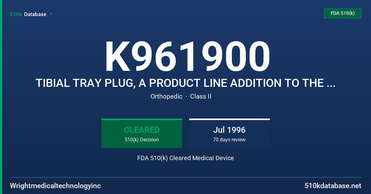 K961900 TIBIAL TRAY PLUG, A PRODUCT LINE ADDITION TO THE AXIOM TOTAL KNEE SYSTEM FDA 510(k) Cleared Medical Device