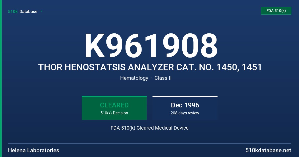 K961908 THOR HENOSTATSIS ANALYZER CAT. NO. 1450, 1451 FDA 510(k) Cleared Medical Device