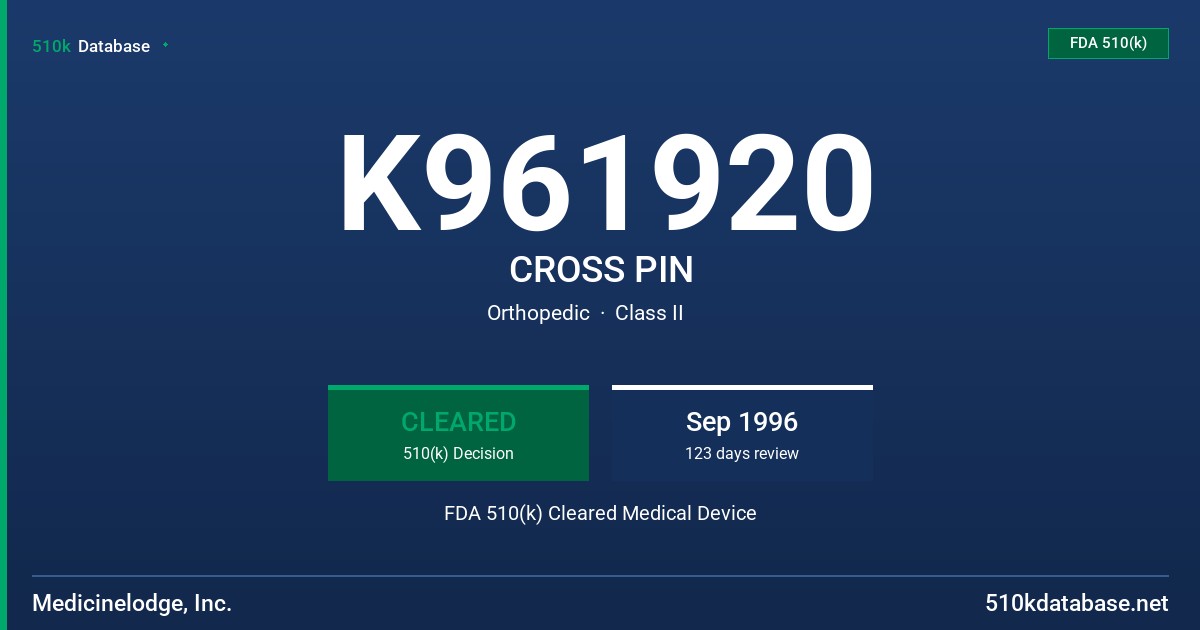 K961920 CROSS PIN FDA 510(k) Cleared Medical Device