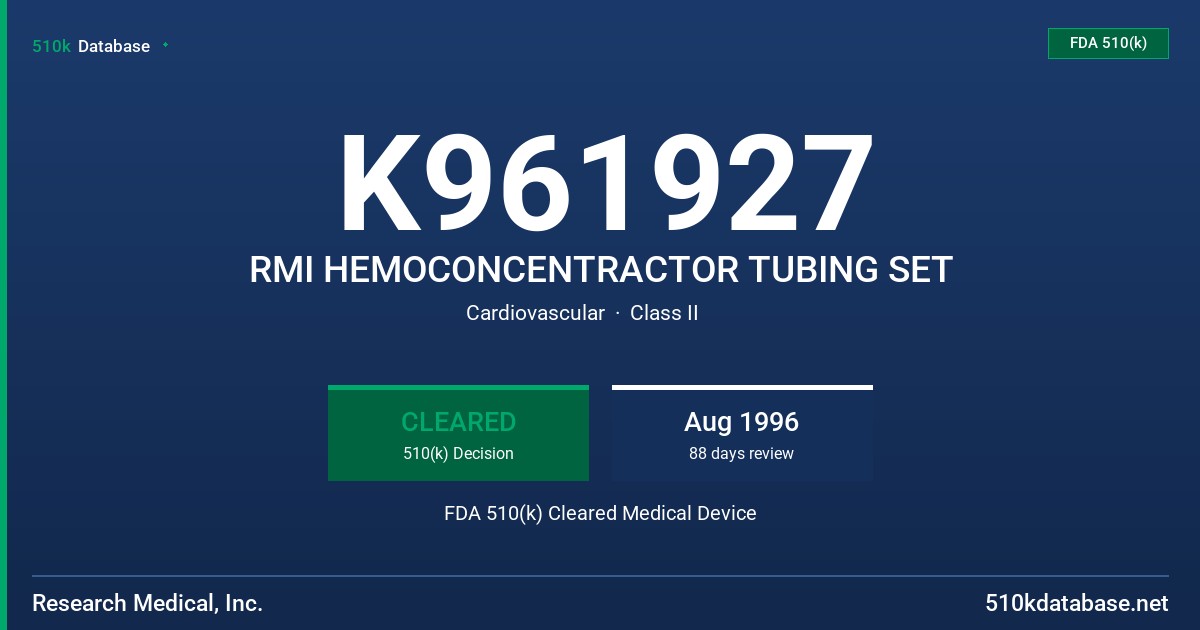 K961927 RMI HEMOCONCENTRACTOR TUBING SET FDA 510(k) Cleared Medical Device