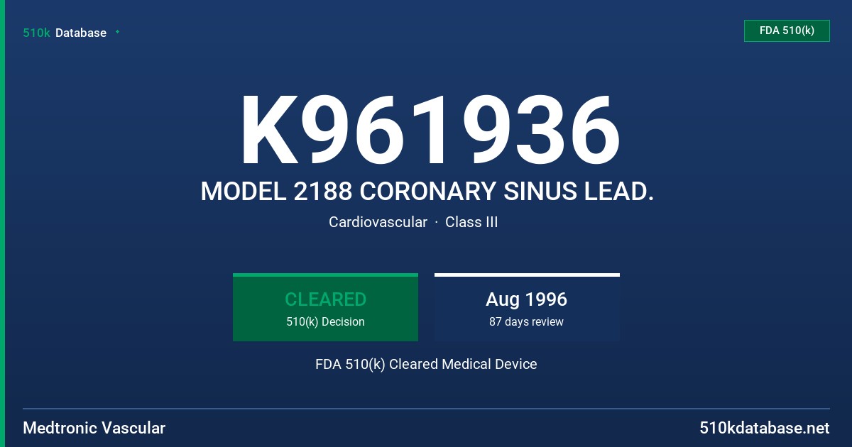 K961936 MODEL 2188 CORONARY SINUS LEAD. FDA 510(k) Cleared Medical Device