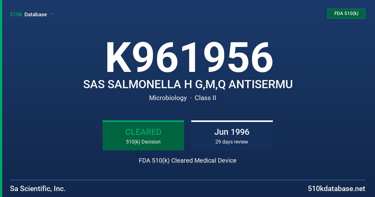 K961956 SAS SALMONELLA H G,M,Q ANTISERMU FDA 510(k) Cleared Medical Device