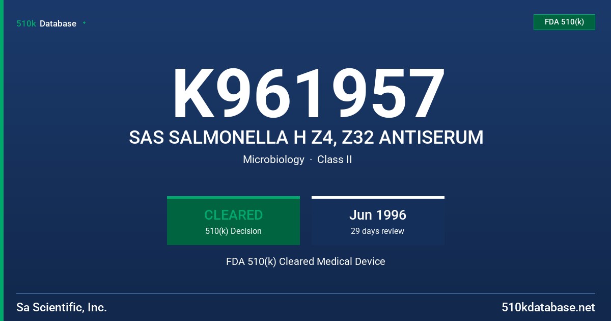 K961957 SAS SALMONELLA H Z4, Z32 ANTISERUM FDA 510(k) Cleared Medical Device