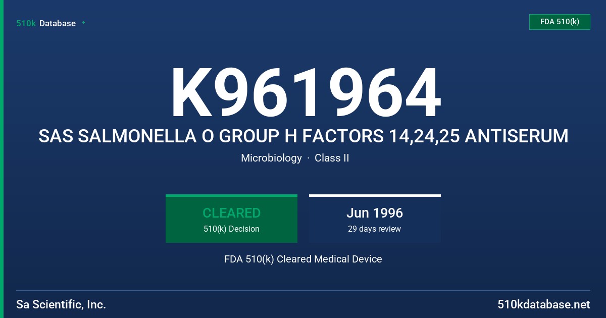 K961964 SAS SALMONELLA O GROUP H FACTORS 14,24,25 ANTISERUM FDA 510(k) Cleared Medical Device