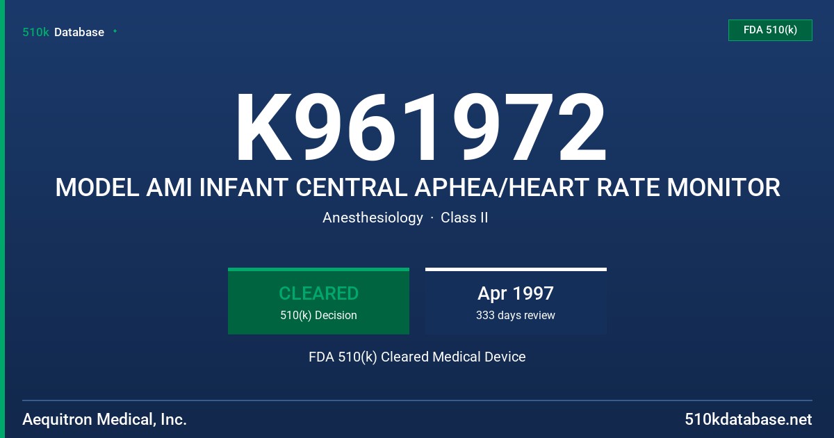 K961972 MODEL AMI INFANT CENTRAL APHEA/HEART RATE MONITOR FDA 510(k) Cleared Medical Device