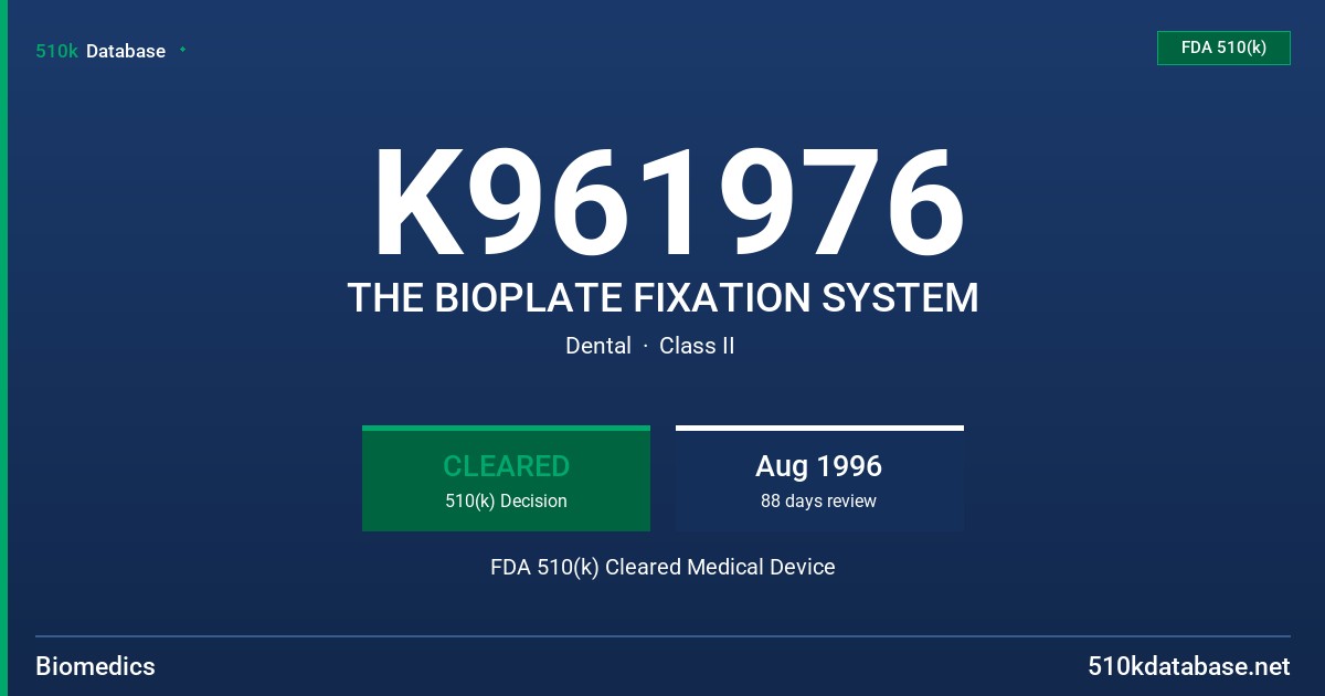 K961976 THE BIOPLATE FIXATION SYSTEM FDA 510(k) Cleared Medical Device