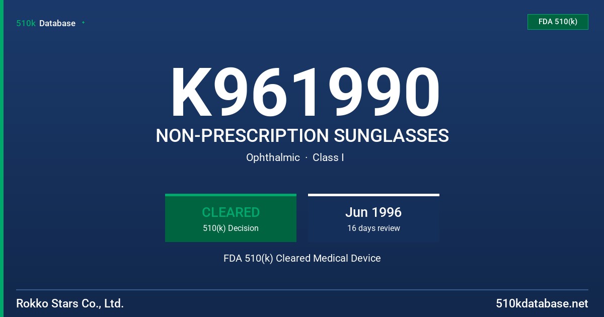 K961990 NON-PRESCRIPTION SUNGLASSES FDA 510(k) Cleared Medical Device