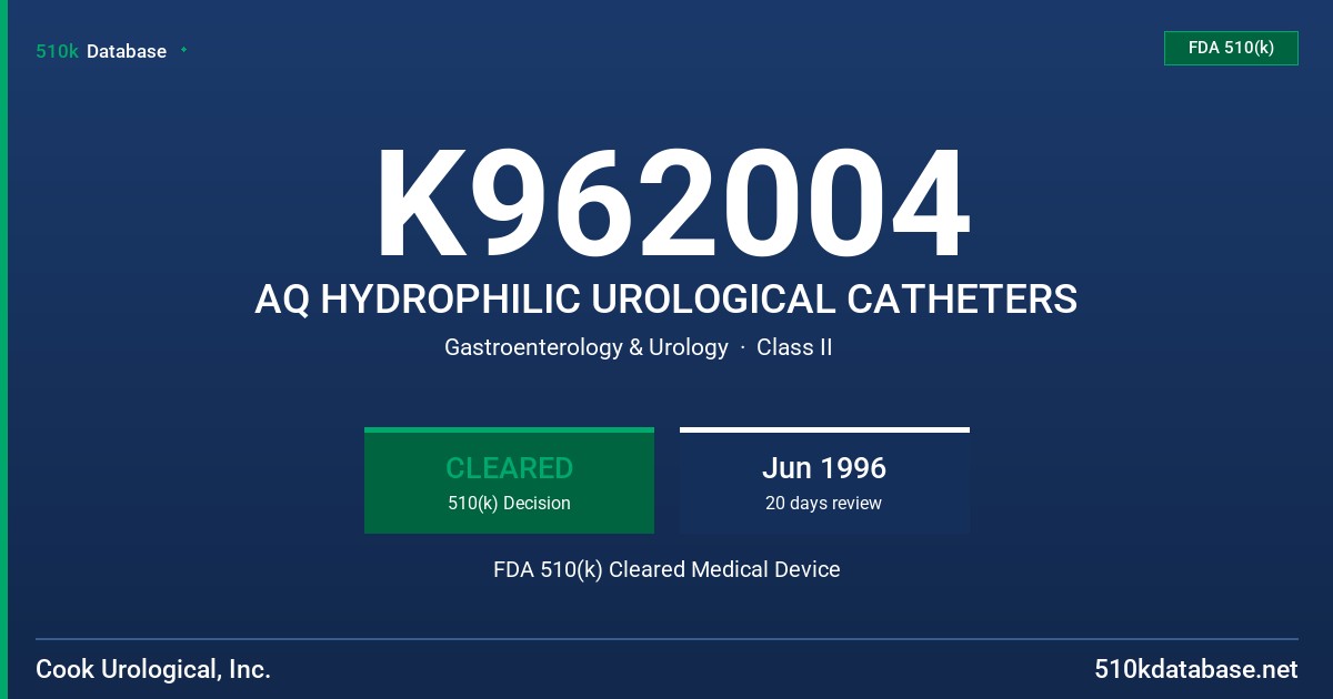 K962004 AQ HYDROPHILIC UROLOGICAL CATHETERS FDA 510(k) Cleared Medical Device