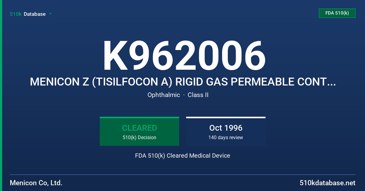 K962006 MENICON Z (TISILFOCON A) RIGID GAS PERMEABLE CONTACT LENS FDA 510(k) Cleared Medical Device