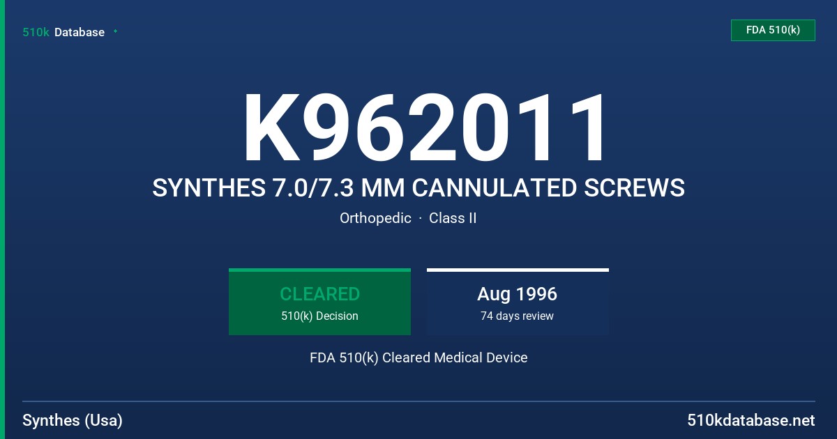 K962011 SYNTHES 7.0/7.3 MM CANNULATED SCREWS FDA 510(k) Cleared Medical Device