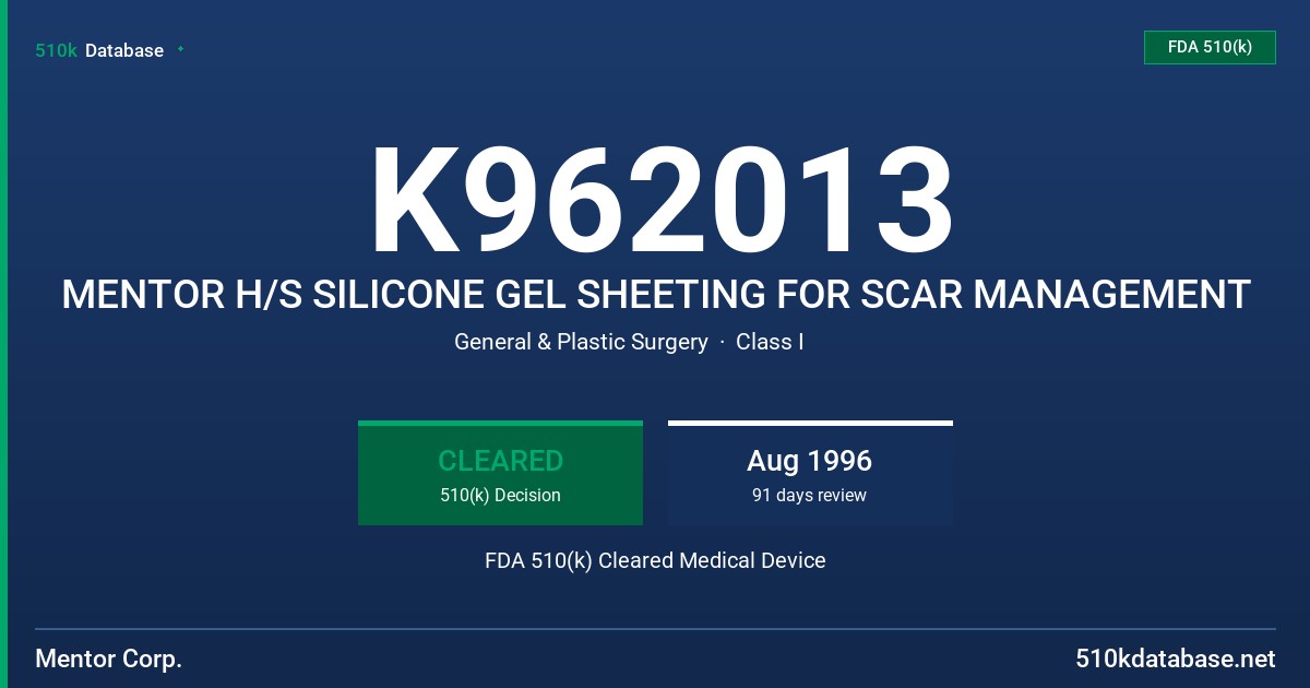 K962013 MENTOR H/S SILICONE GEL SHEETING FOR SCAR MANAGEMENT FDA 510(k) Cleared Medical Device