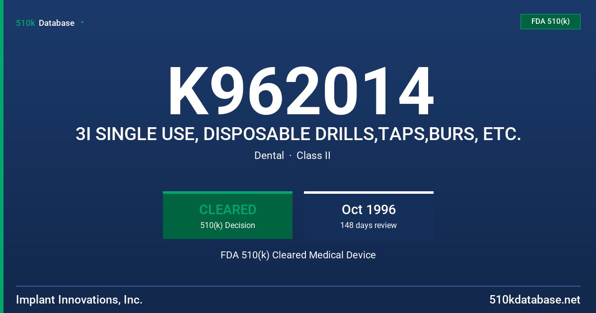 K962014 3I SINGLE USE, DISPOSABLE DRILLS,TAPS,BURS, ETC. FDA 510(k) Cleared Medical Device