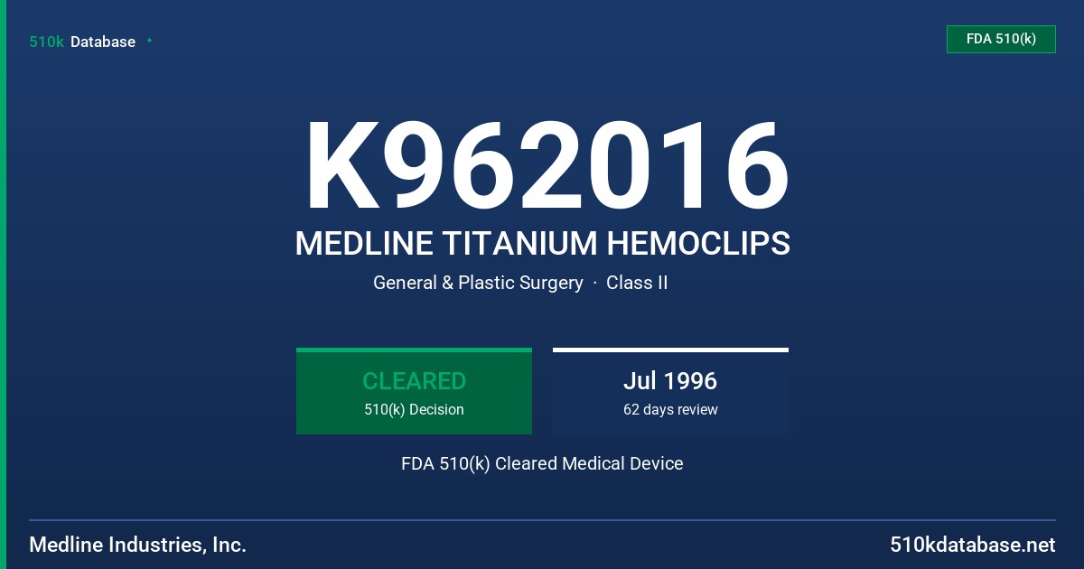K962016 MEDLINE TITANIUM HEMOCLIPS FDA 510(k) Cleared Medical Device