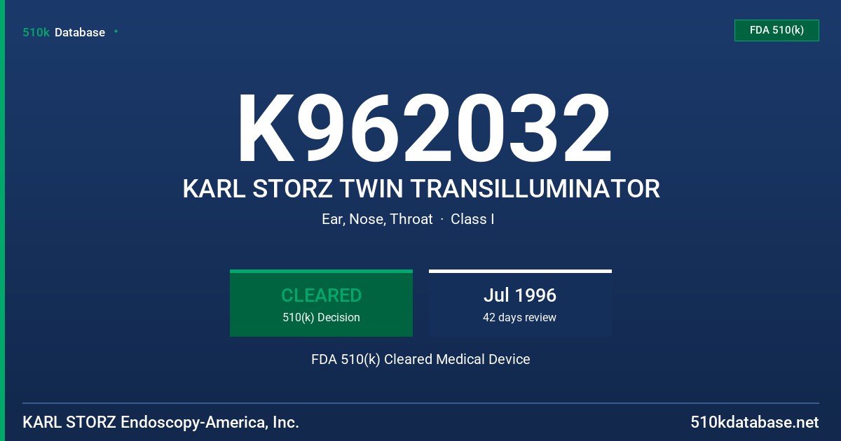 K962032 KARL STORZ TWIN TRANSILLUMINATOR FDA 510(k) Cleared Medical Device