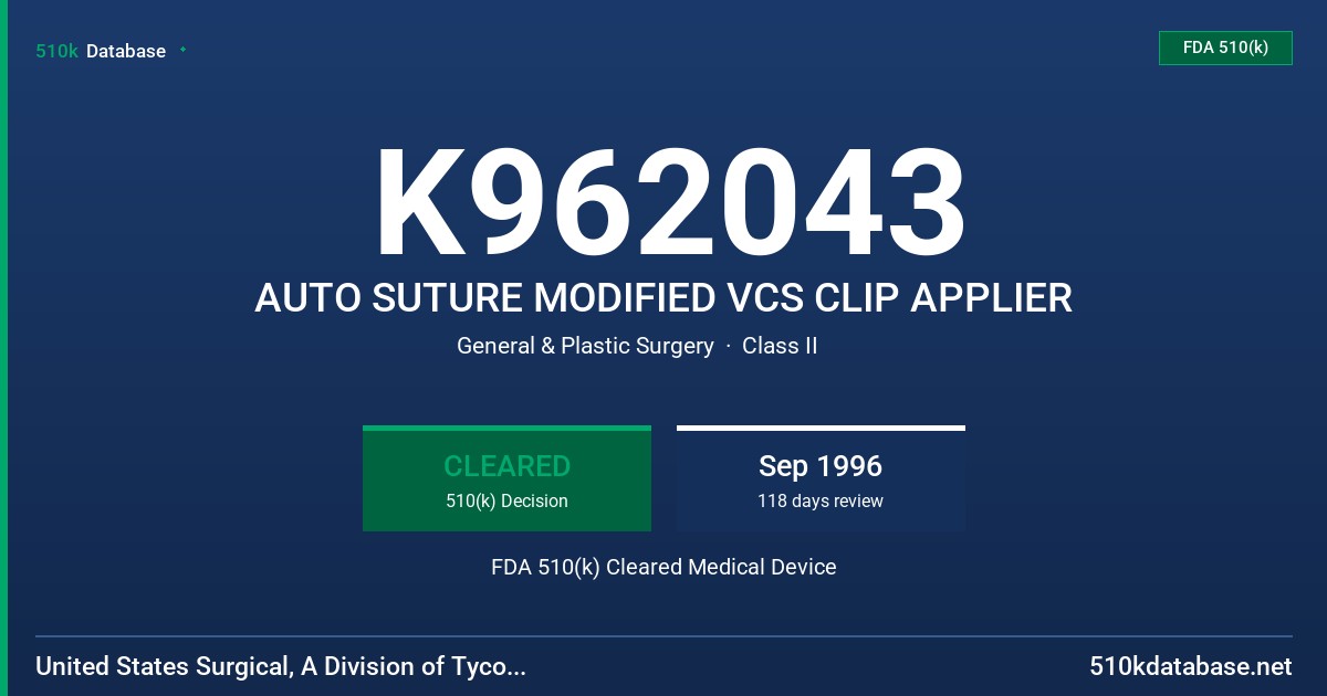 K962043 AUTO SUTURE MODIFIED VCS CLIP APPLIER FDA 510(k) Cleared Medical Device