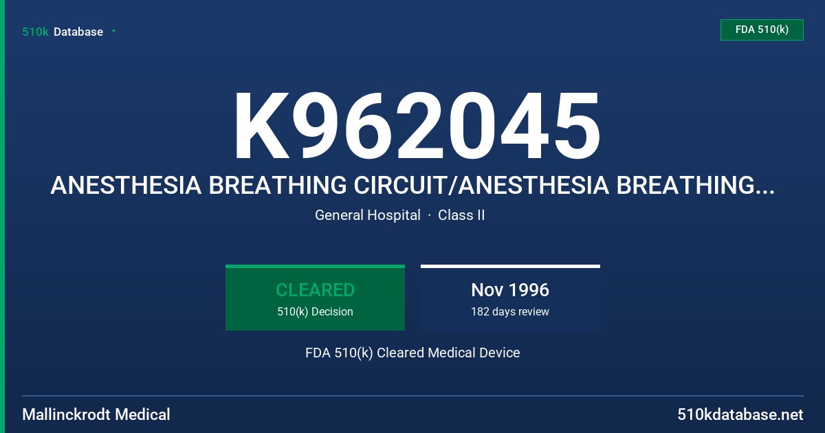 K962045 ANESTHESIA BREATHING CIRCUIT/ANESTHESIA BREATHING KIT FDA 510(k) Cleared Medical Device