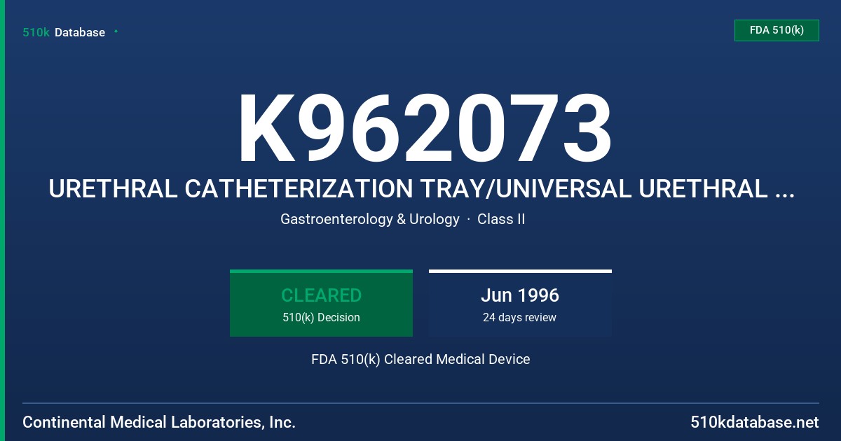 K962073 URETHRAL CATHETERIZATION TRAY/UNIVERSAL URETHRAL CATH TRAY FDA 510(k) Cleared Medical Device