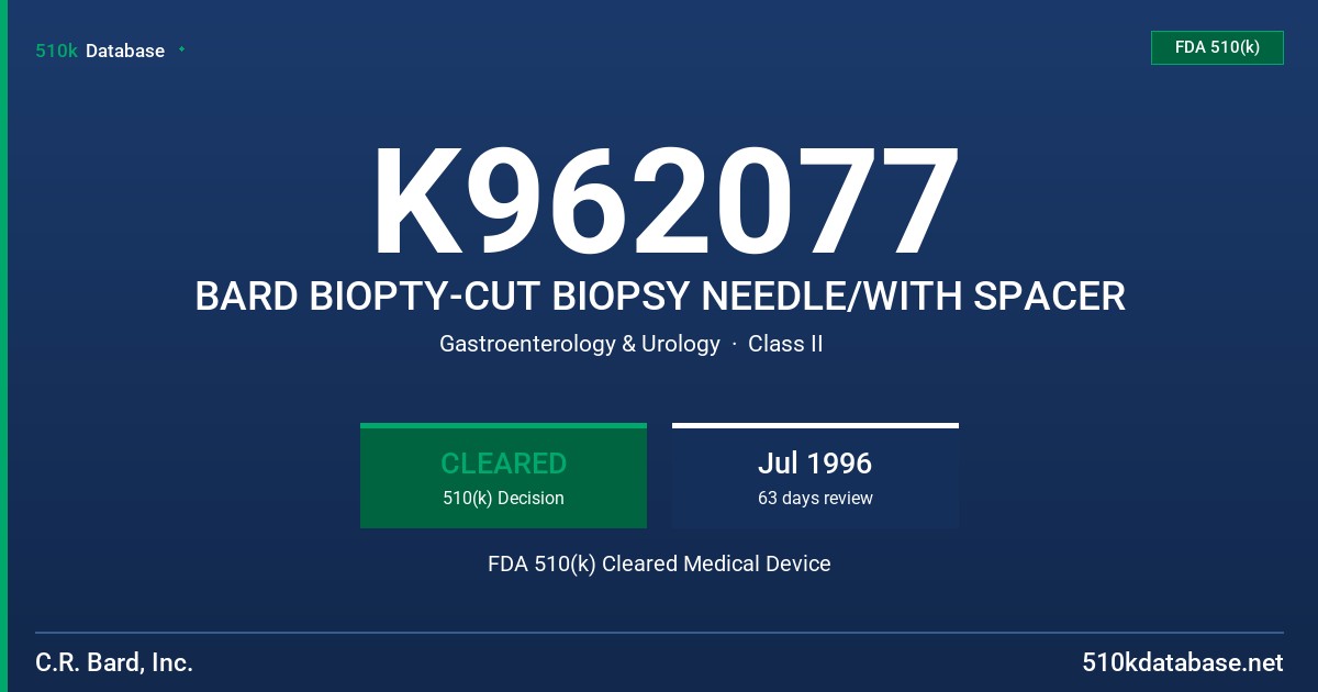 K962077 BARD BIOPTY-CUT BIOPSY NEEDLE/WITH SPACER FDA 510(k) Cleared Medical Device
