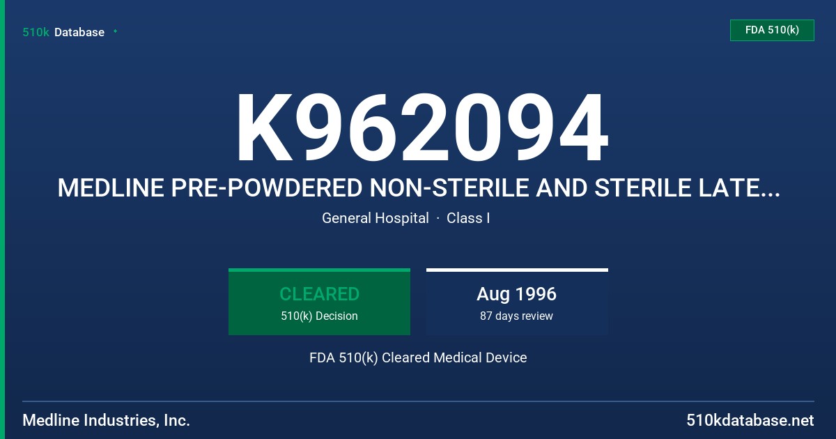 K962094 MEDLINE PRE-POWDERED NON-STERILE AND STERILE LATEX EXAMINATION GLOVES FDA 510(k) Cleared Medical Device