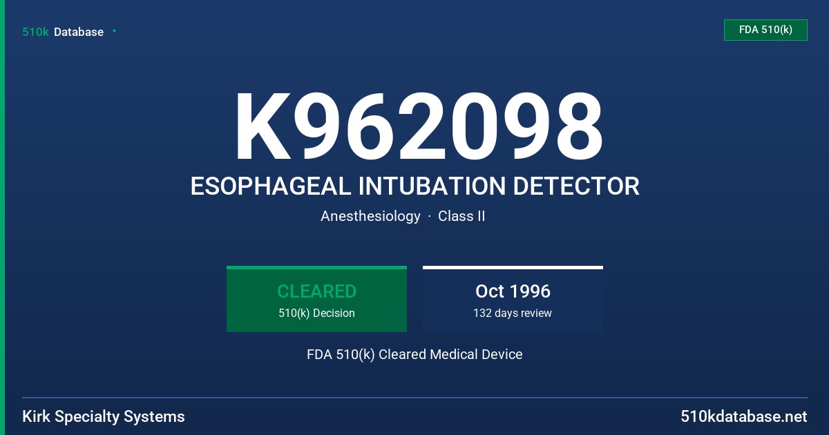 K962098 ESOPHAGEAL INTUBATION DETECTOR FDA 510(k) Cleared Medical Device
