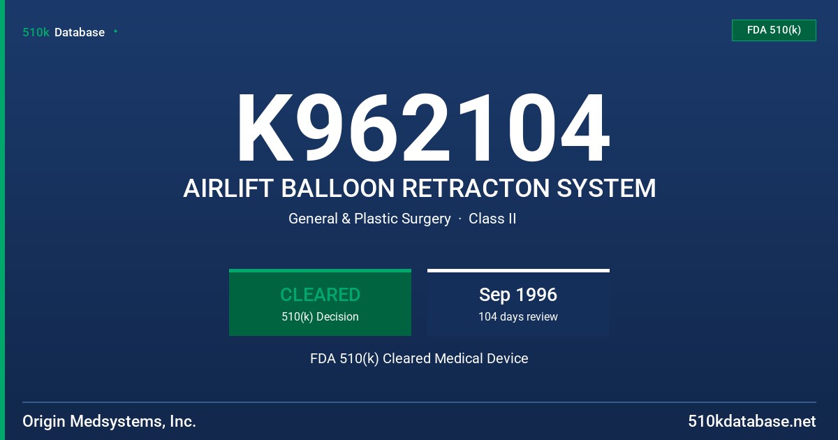 K962104 AIRLIFT BALLOON RETRACTON SYSTEM FDA 510(k) Cleared Medical Device